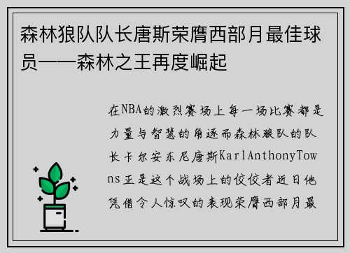 森林狼队队长唐斯荣膺西部月最佳球员——森林之王再度崛起