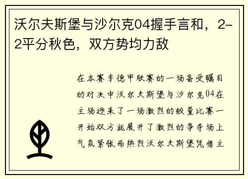 沃尔夫斯堡与沙尔克04握手言和，2-2平分秋色，双方势均力敌