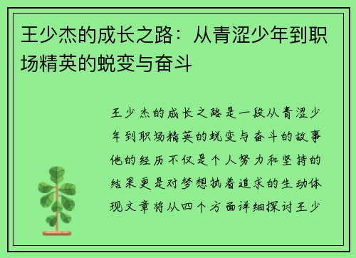 王少杰的成长之路：从青涩少年到职场精英的蜕变与奋斗