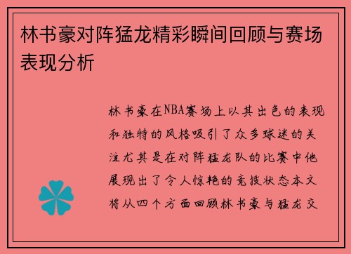 林书豪对阵猛龙精彩瞬间回顾与赛场表现分析