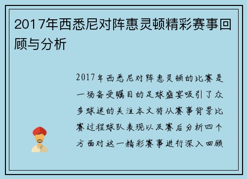 2017年西悉尼对阵惠灵顿精彩赛事回顾与分析