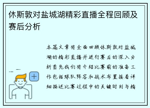休斯敦对盐城湖精彩直播全程回顾及赛后分析