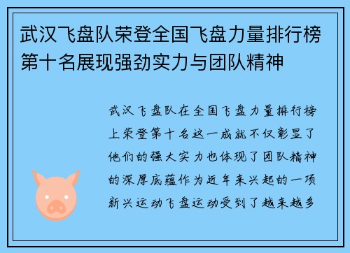 武汉飞盘队荣登全国飞盘力量排行榜第十名展现强劲实力与团队精神
