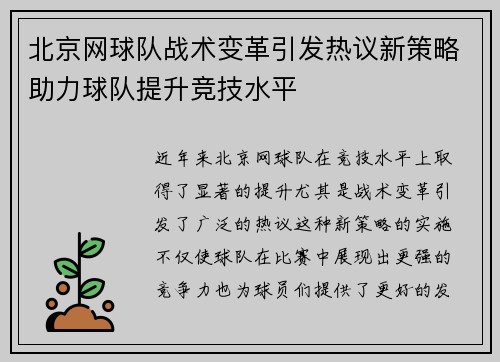 北京网球队战术变革引发热议新策略助力球队提升竞技水平