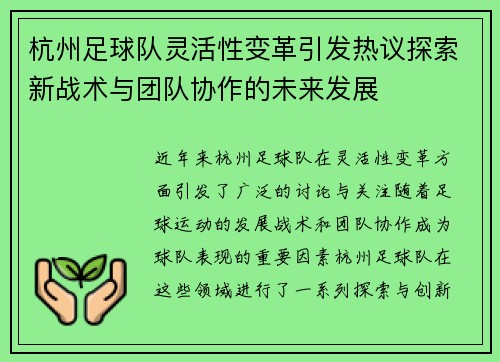 杭州足球队灵活性变革引发热议探索新战术与团队协作的未来发展