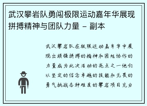 武汉攀岩队勇闯极限运动嘉年华展现拼搏精神与团队力量 - 副本