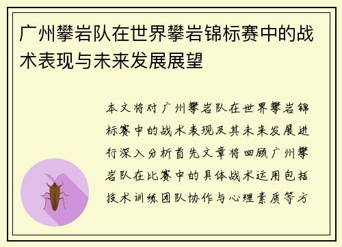 广州攀岩队在世界攀岩锦标赛中的战术表现与未来发展展望